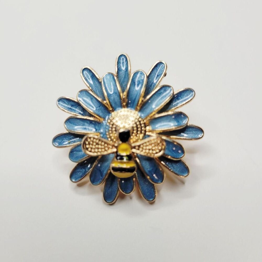 NWT Blue Enameled Metal Sunflower Mum Bumble Bee Vintage Inspired Brooch Pin – S